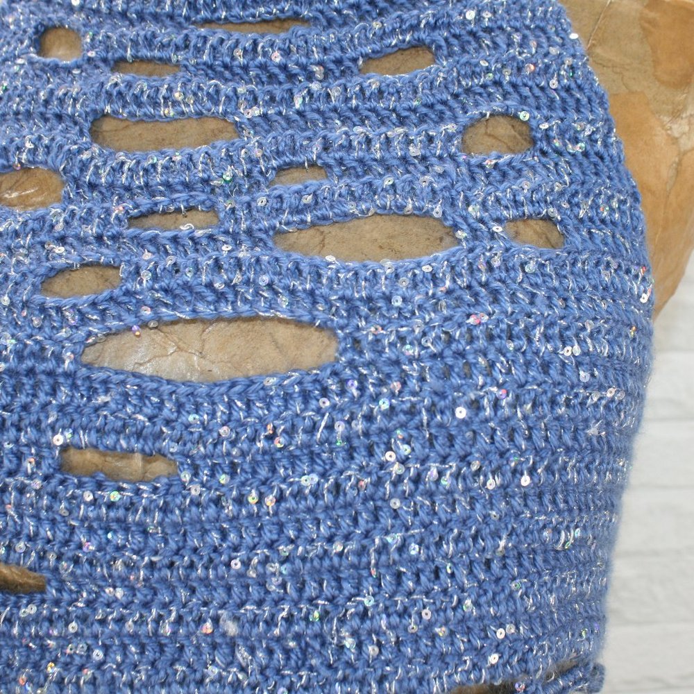 HAND CRAFTED Crop Top Crochet Cut Out Bikini Halter Festival Rave Metallic Blue - Picture 3 of 14